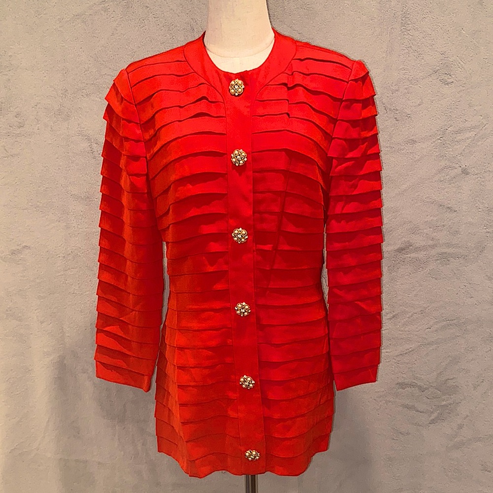 Red Layered Blazer with Gold Buttons with Pearl and Fake Diamonds.
